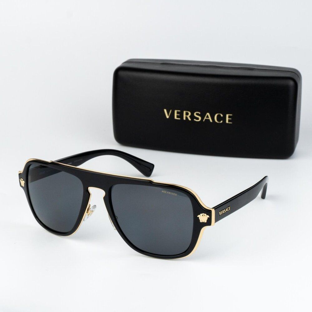 Versace Men Sunglasses Black Grey Polarized Aviator VE2199 100281 NEW AUTHENTIC